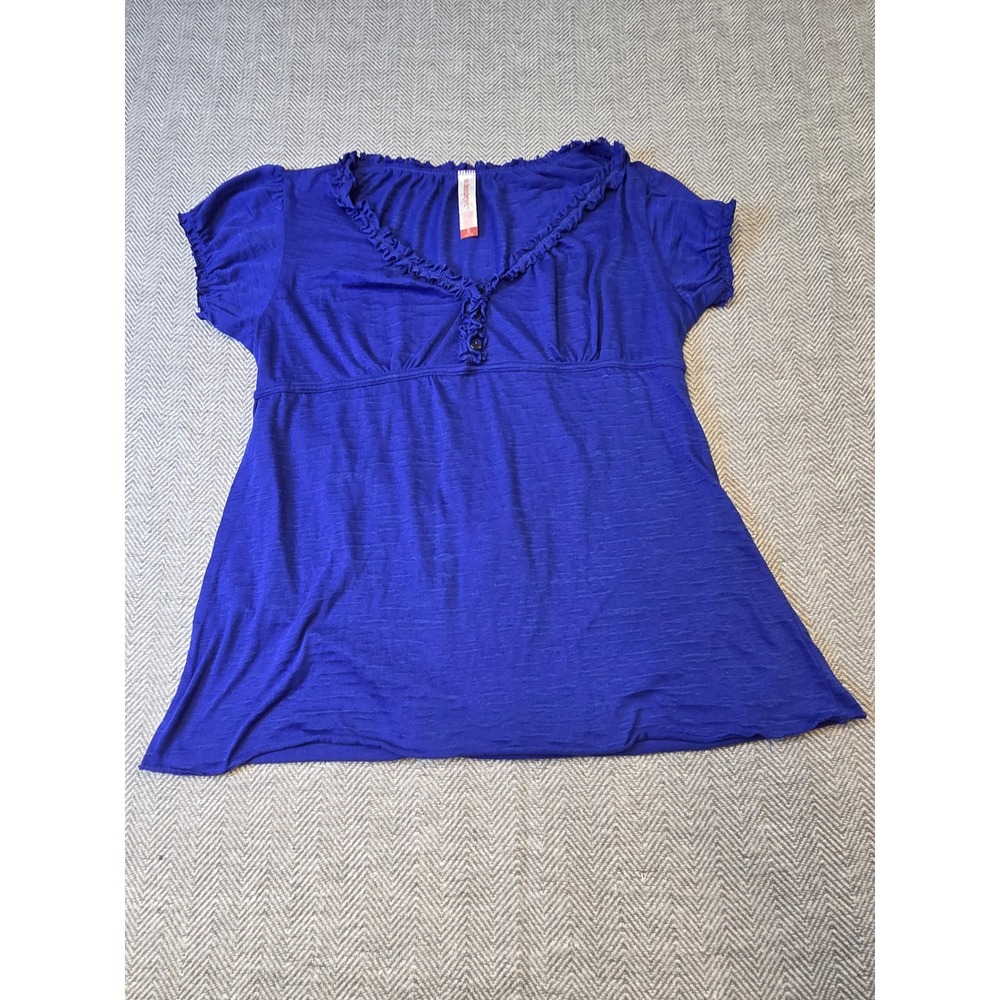 No Boundaries Top Women's XL Royal Blue Empire Waist Short Sleeve Ruffle V Neck